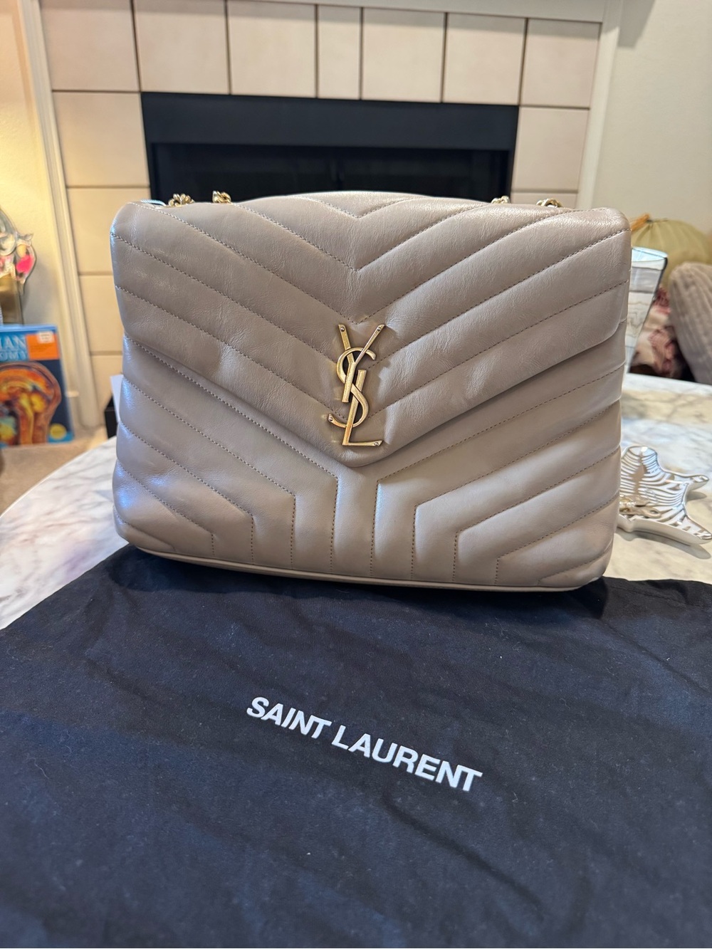 Saint Laurent Chevron Quilted Shoulder Bag in Taupe with Gold Hardware